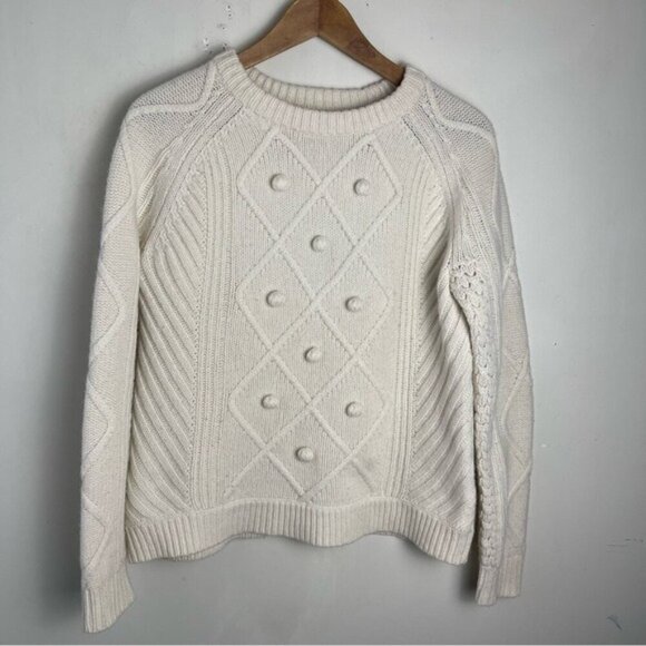 J crew Women’s Pom Pom Sweater 100% wool Crew neck Ivory cable knit size XS - Picture 1 of 8